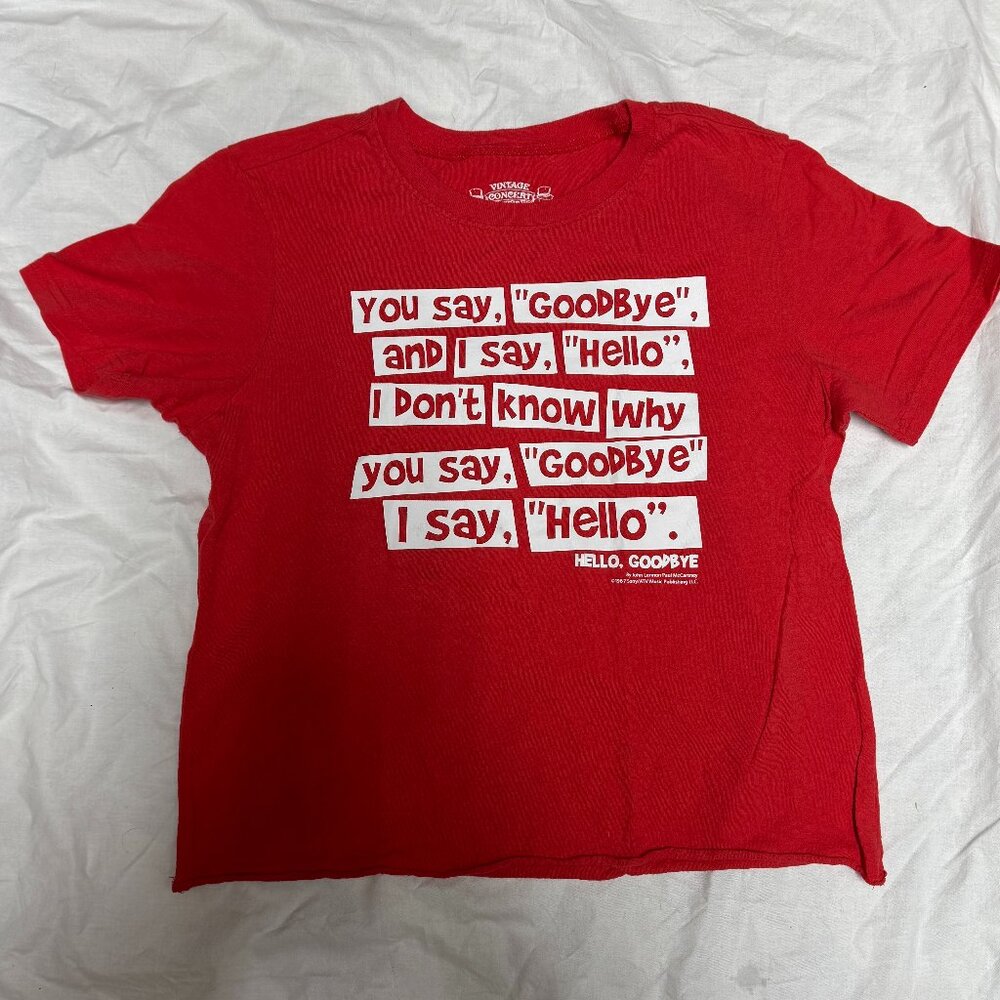 Beatles Hello Goodbye Lyrics 100 Percent Cotton Crop Tee, Red, Size Medium